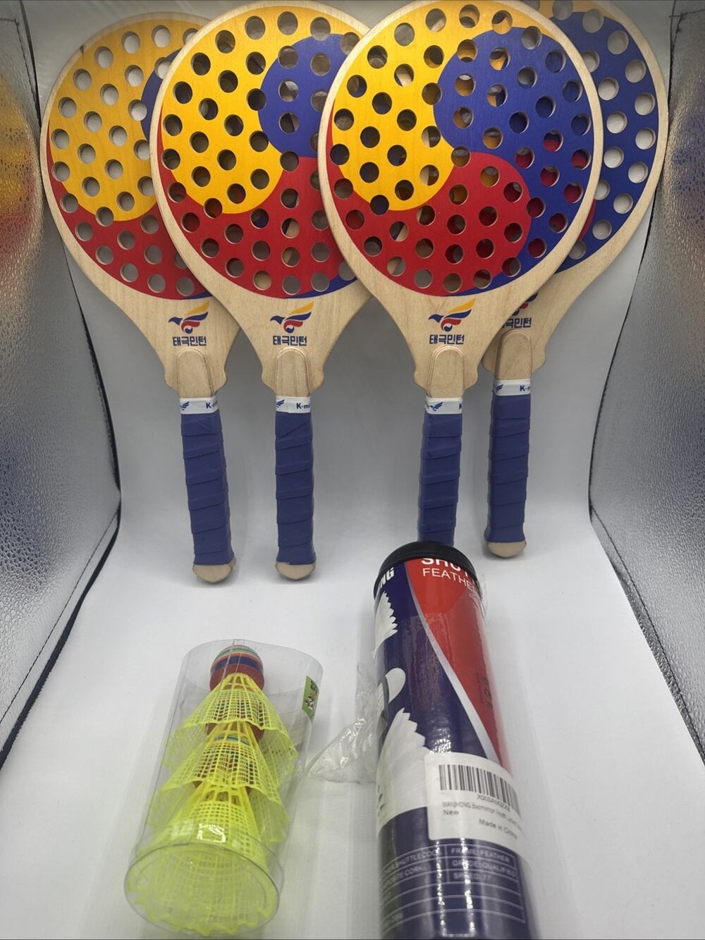 Taegeuk Minton Racket Set Korean Two Handed Badminton Wooden Paddles Shuttlecock
